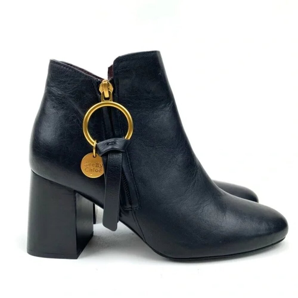 See by Chloe Boots Louise Block Heel Ankle Booties Black Leather Zip EU38/U8